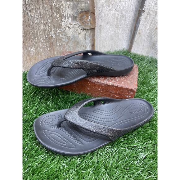 CROCS Kaydee Flip Flops Black Glitter Women's 6 - Picture 1 of 4